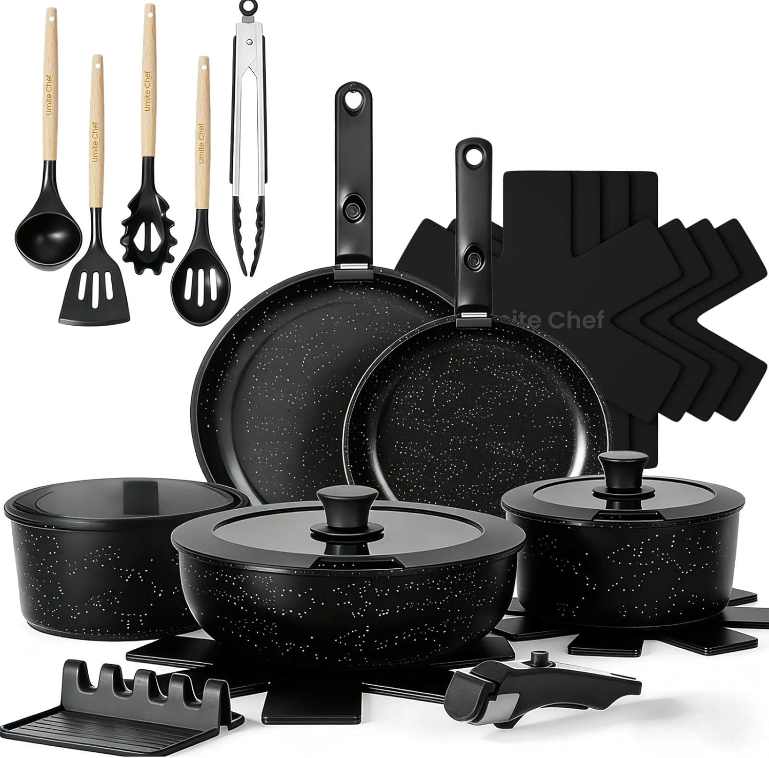 Umite Chef 21-Piece Nonstick Cookware Set – Detachable Handle, Induction Safe, Dishwasher & Oven Safe, Space Saving (Black)