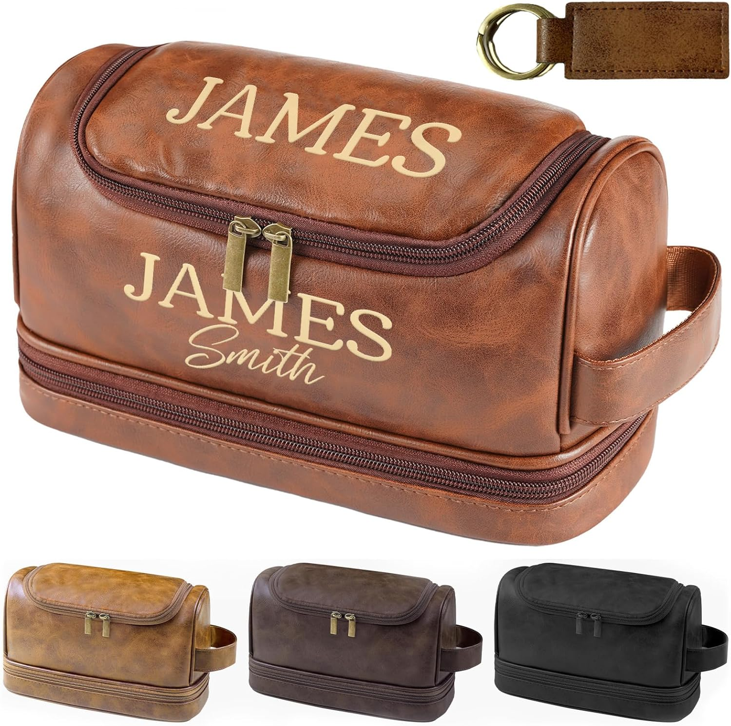 Sparklove Personalized Leather Toiletry Bag for Men — Custom Engraved Shaving & Travel Bag