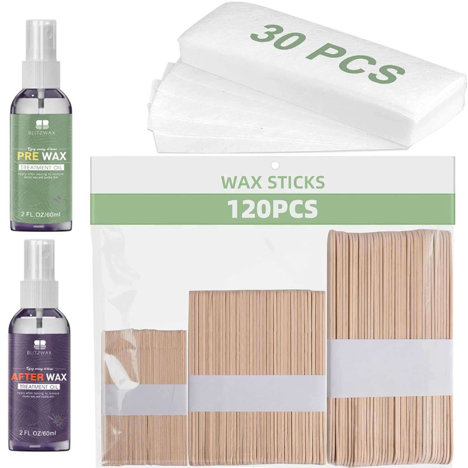 BLITZWAX Wax Kit – 120 Wooden Sticks, 30 Wax Papers & Pre/After Wax Oils
