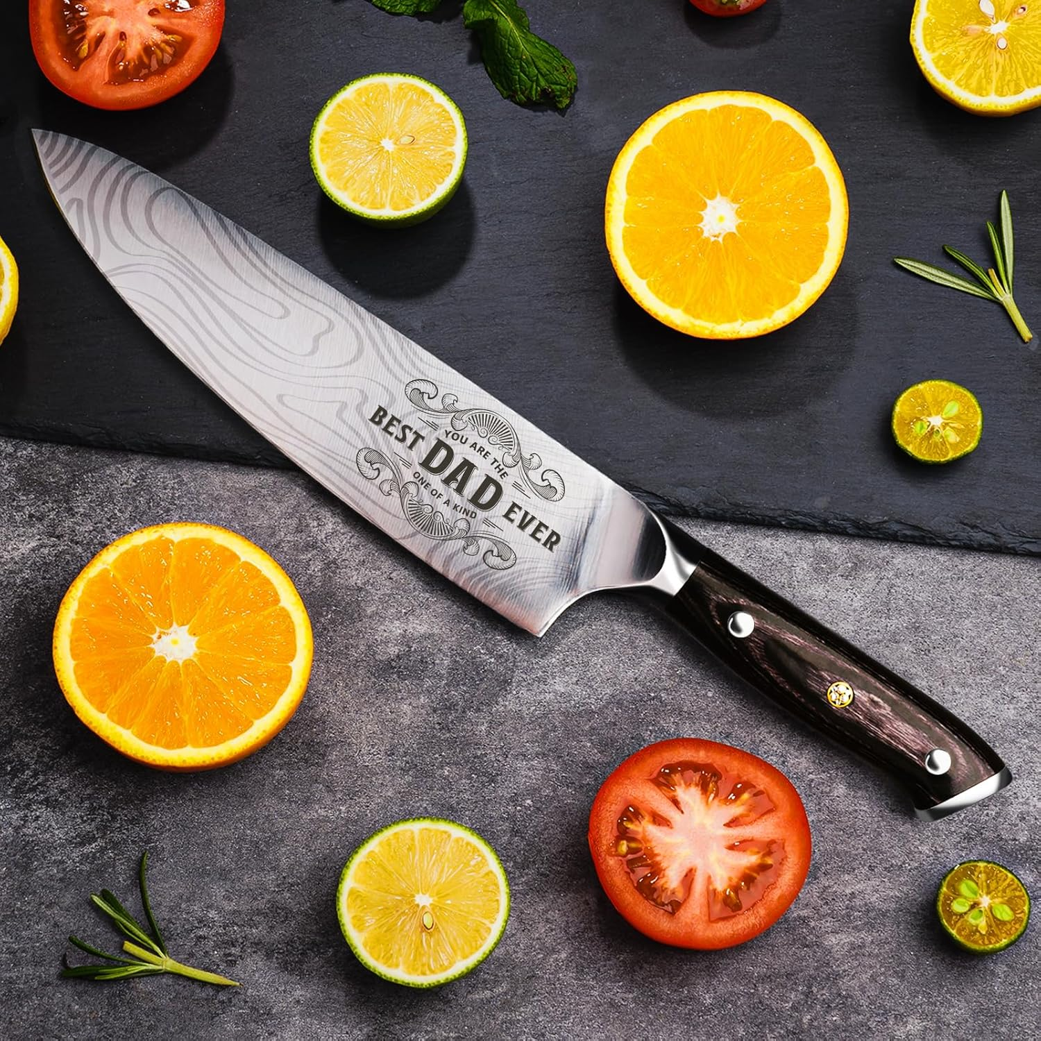 Funistree "Best Dad Ever" 8" Pro Chef Knife Gift Set — German EN1.4116 Steel, Engraved Kitchen Knife for Dad