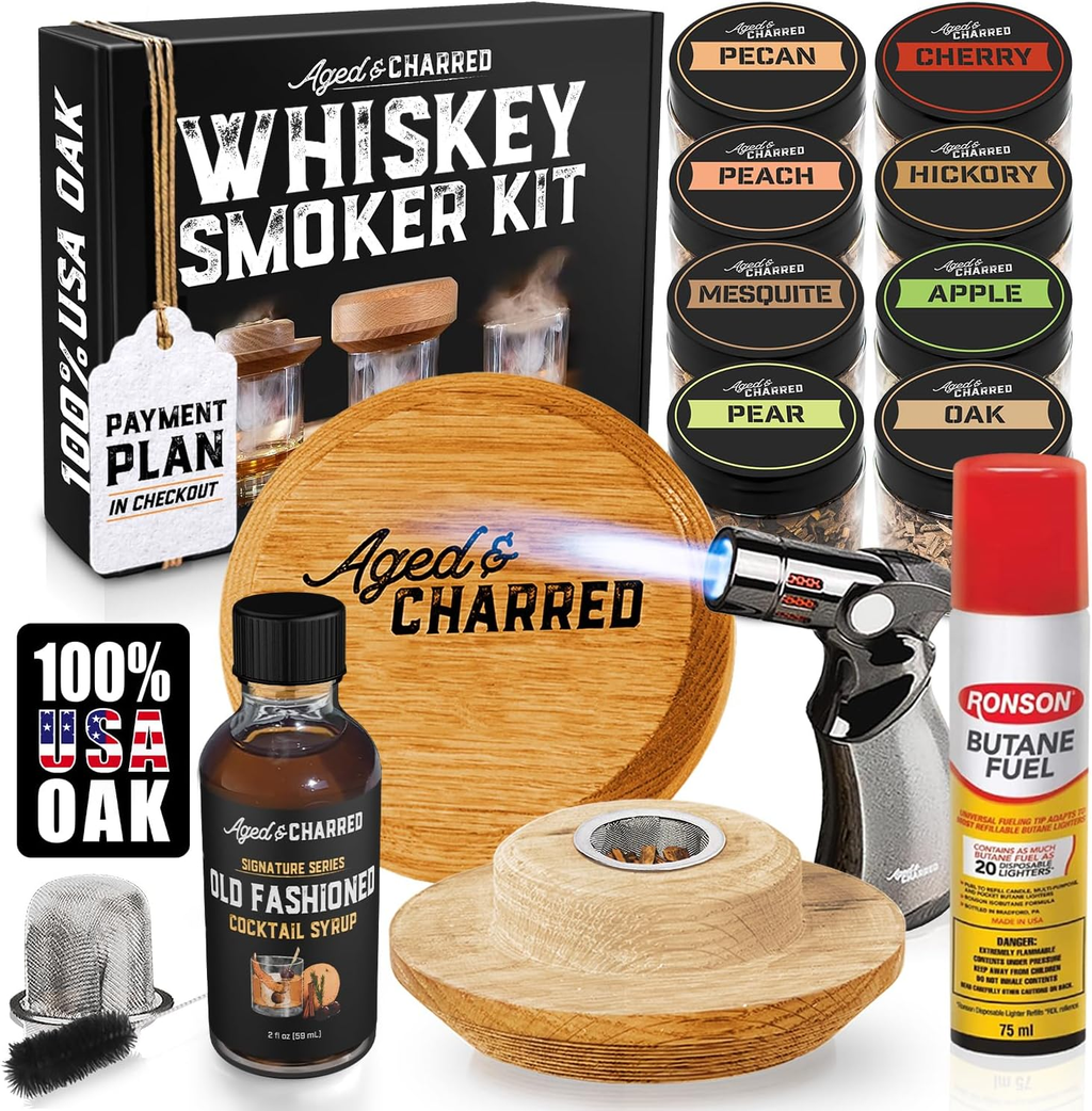 Aged & Charred Whiskey Smoker Kit with Torch, Butane & Old Fashioned Syrup — 8 Wood Chip Flavors, 100% USA Oak