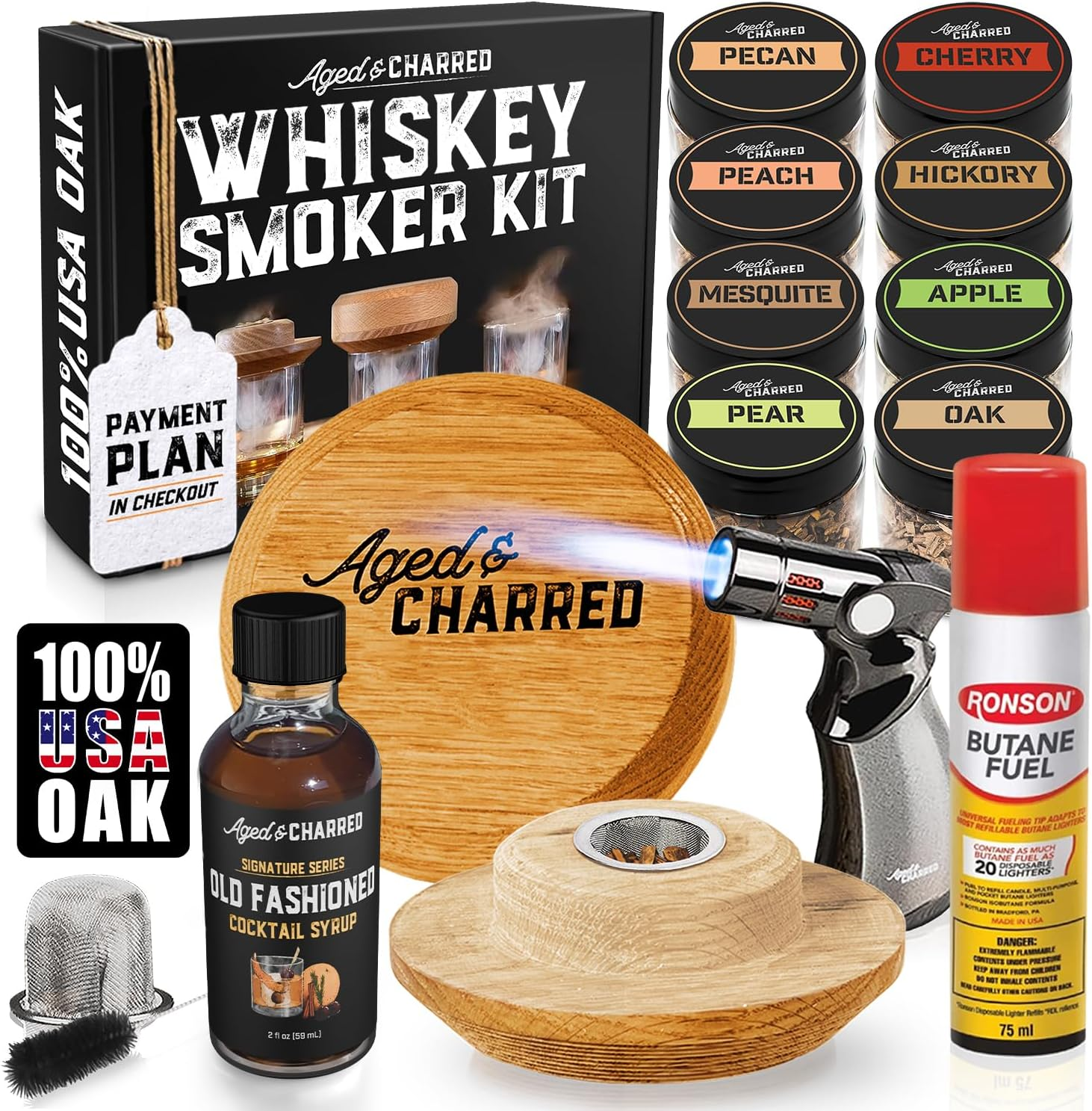 Aged & Charred Whiskey Smoker Kit with Torch, Butane & Old Fashioned Syrup — 8 Wood Chip Flavors, 100% USA Oak