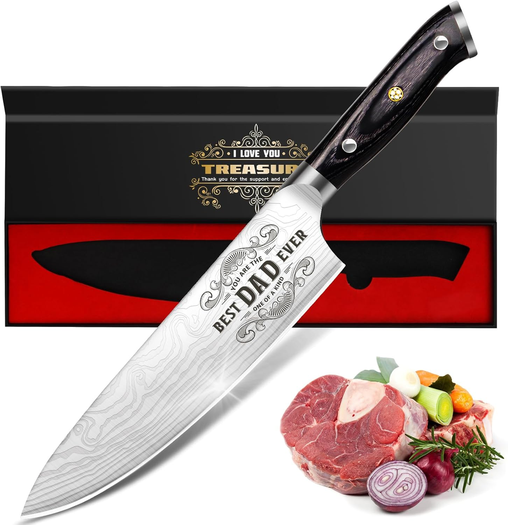 Funistree "Best Dad Ever" 8" Pro Chef Knife Gift Set — German EN1.4116 Steel, Engraved Kitchen Knife for Dad