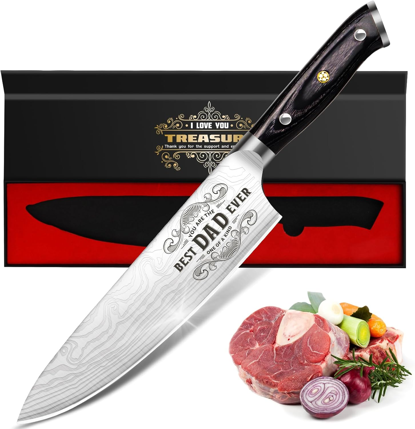 Funistree "Best Dad Ever" 8" Pro Chef Knife Gift Set — German EN1.4116 Steel, Engraved Kitchen Knife for Dad
