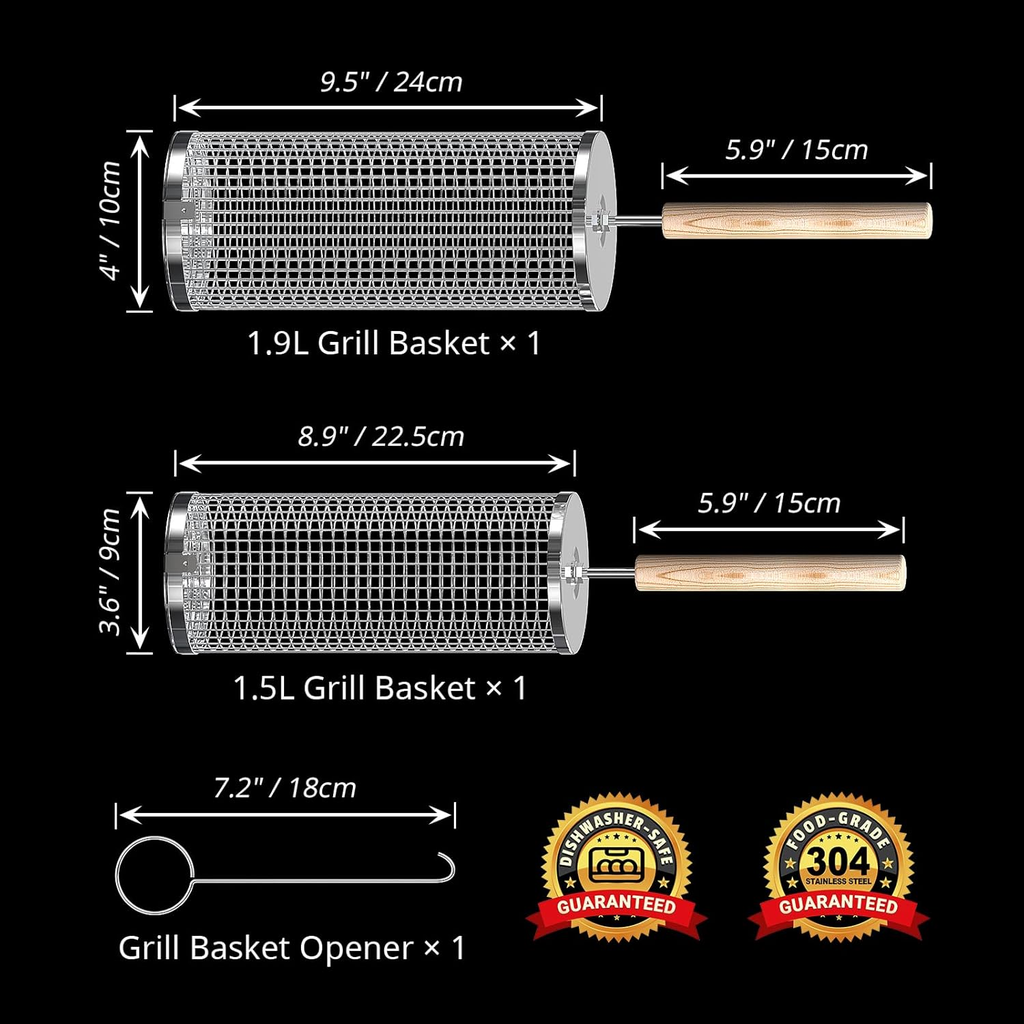 ivtivfu Rolling Grill Basket — 304 Stainless Steel BBQ Basket with Removable Wooden Handle