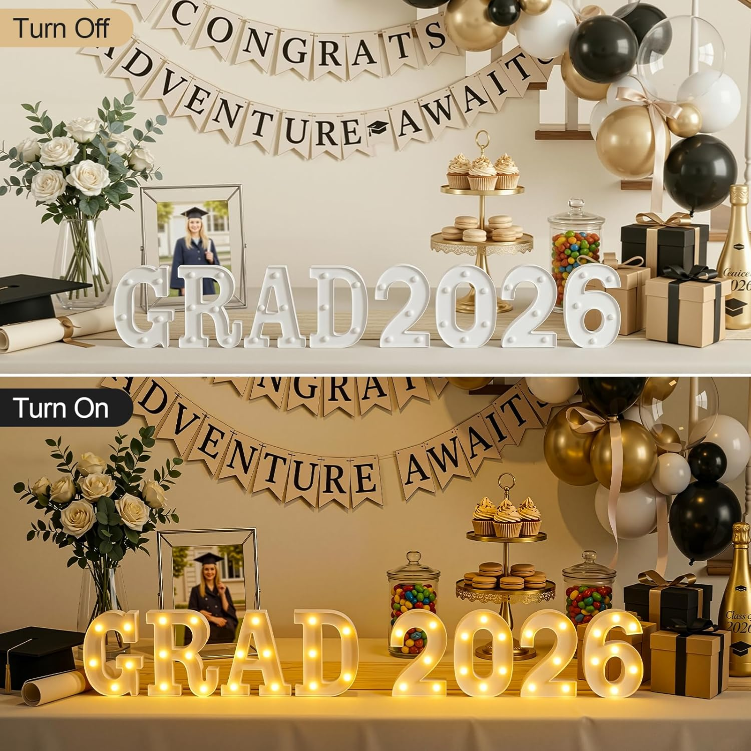 OLANRUN 2026 Graduation Decorations — LED Marquee Light Up Letters GRAD 2026 (8 Pcs)