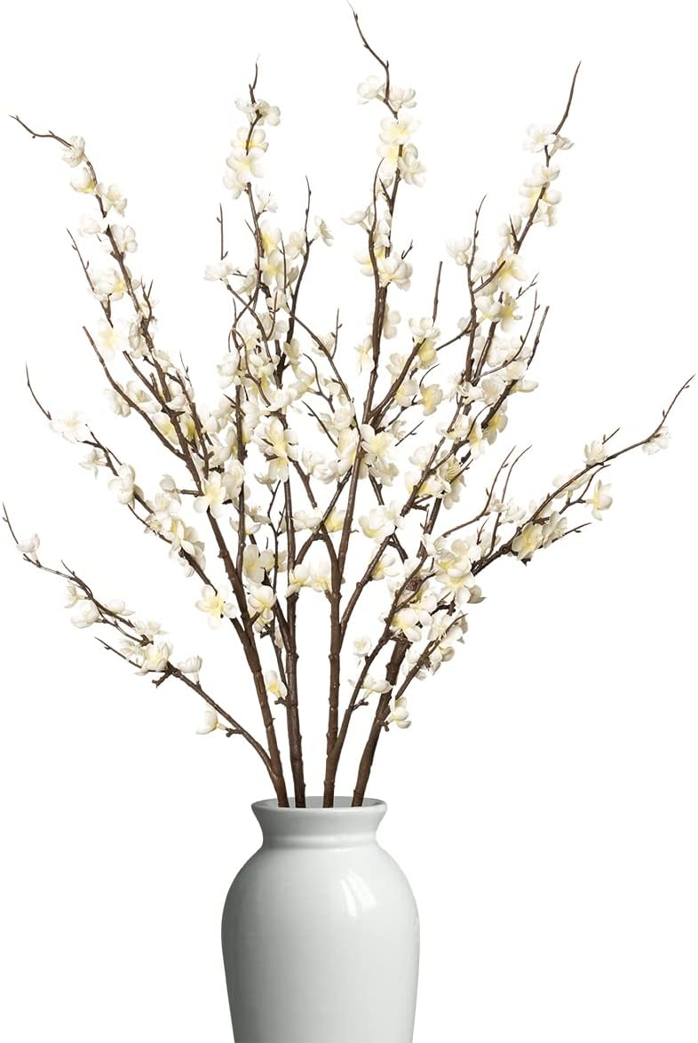 Ammyoo 4-Piece Cherry Blossom Branches – Artificial Faux Long Stem Flowers for Spring Home, Wedding & Party Decor (White)