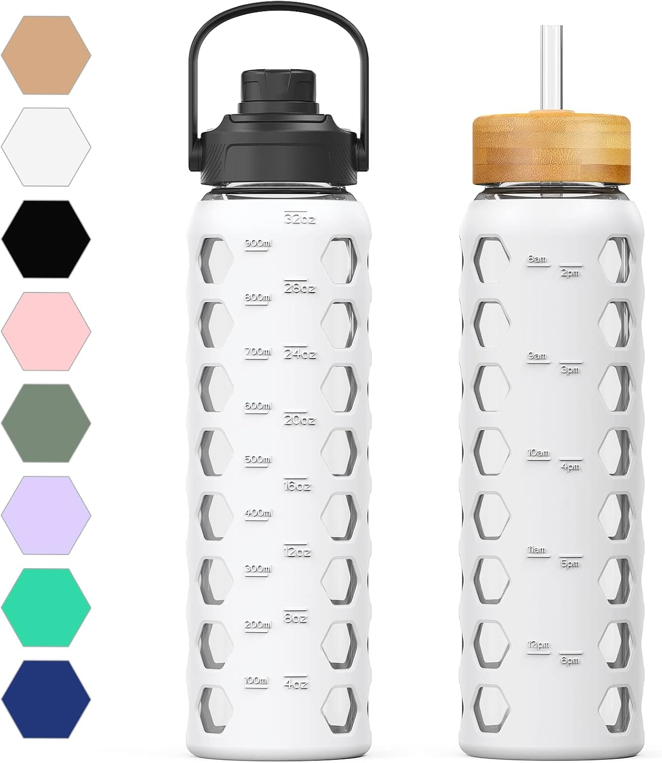 MUKOKO 32oz Glass Water Bottle with 2 Lids – Motivational Time Marker, Bamboo Straw & Handle Spout Lid, Silicone Sleeve, White