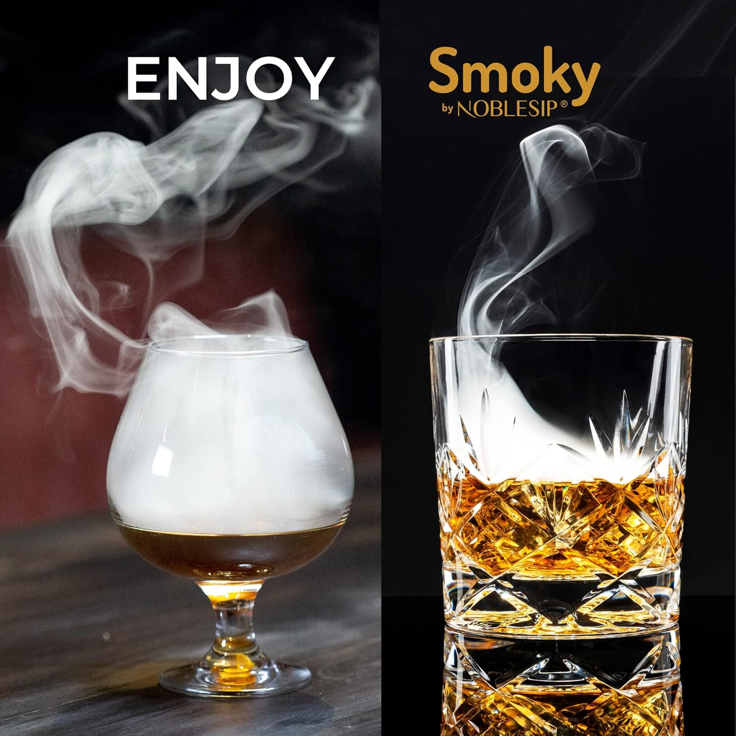 NOBLESIP Cocktail & Food Smoker Kit — Smoky Crown Glass Dome, LED Coaster & Wood Base, 4 Wood Chip Flavors