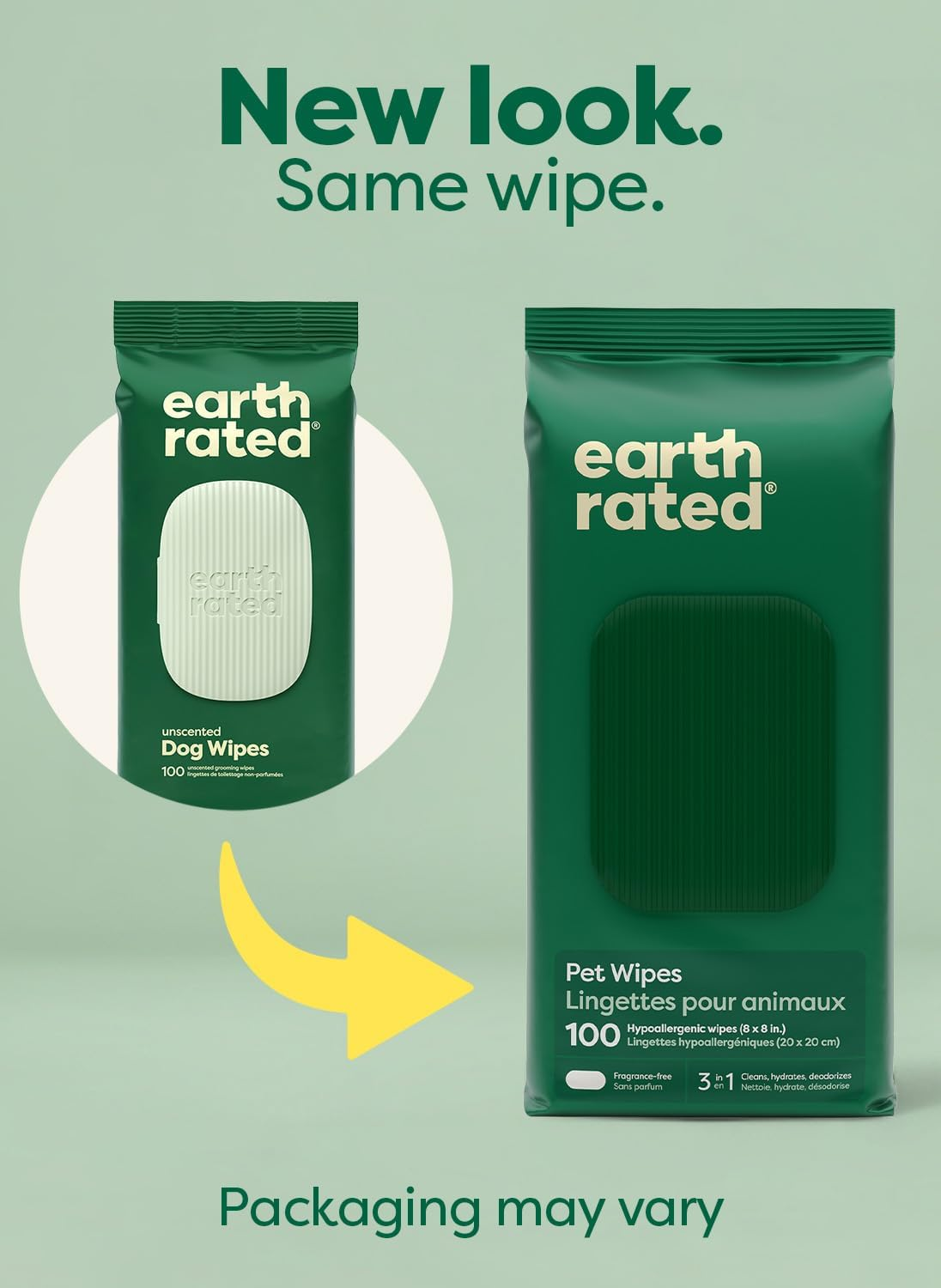 Earth Rated Pet Wipes for Dogs & Cats — Hypoallergenic 3-in-1 Grooming Wipes (100 Count)