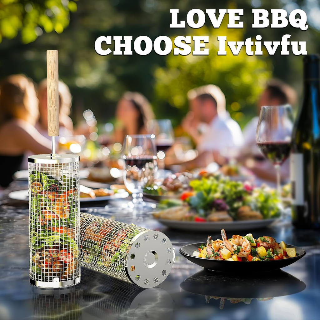 ivtivfu Rolling Grill Basket — 304 Stainless Steel BBQ Basket with Removable Wooden Handle
