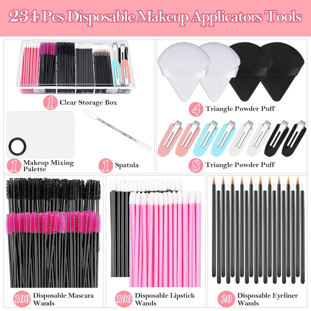 Audab 234 Pcs Disposable Makeup Applicators Kit – Mascara Wands, Lip Brushes, Powder Puffs & More