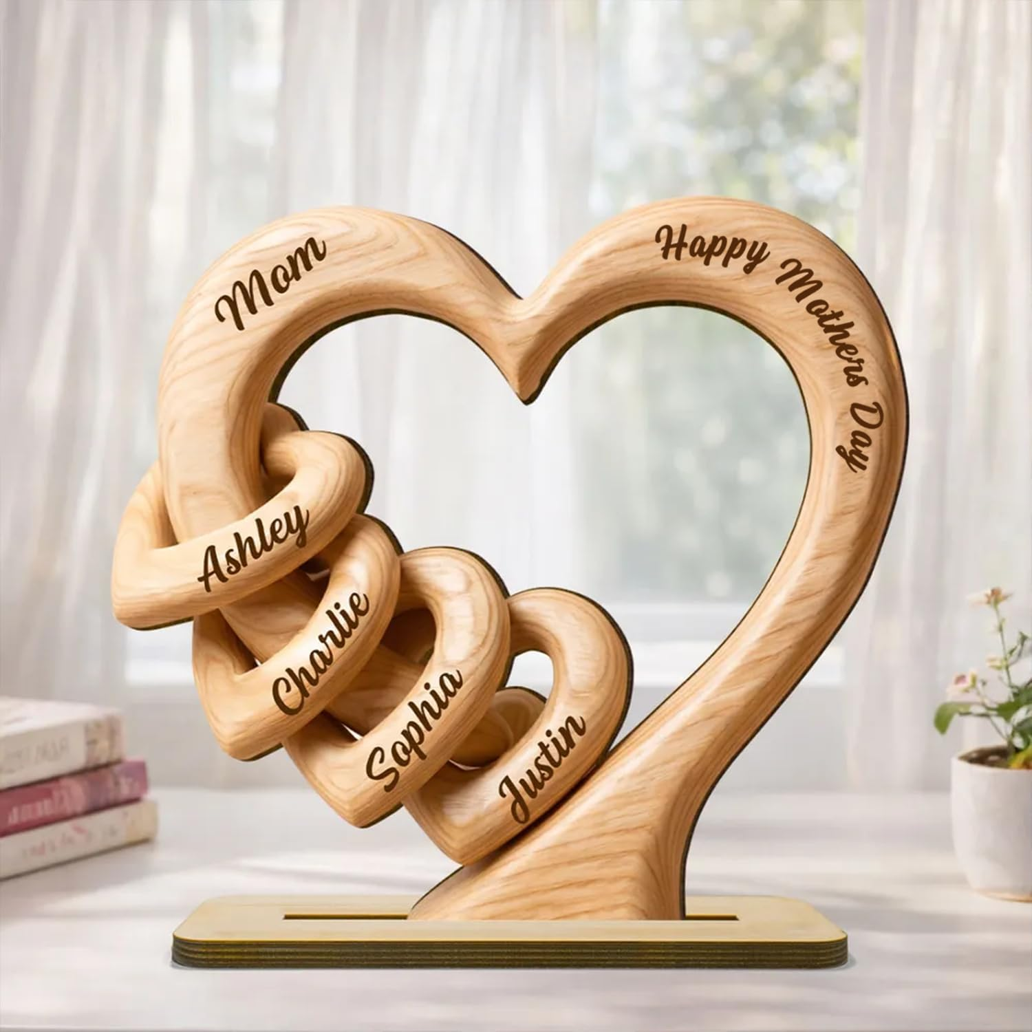 NAZENTI Personalized Mom Heart Wooden Plaque — Custom Mother's Day Gift with Kids Names