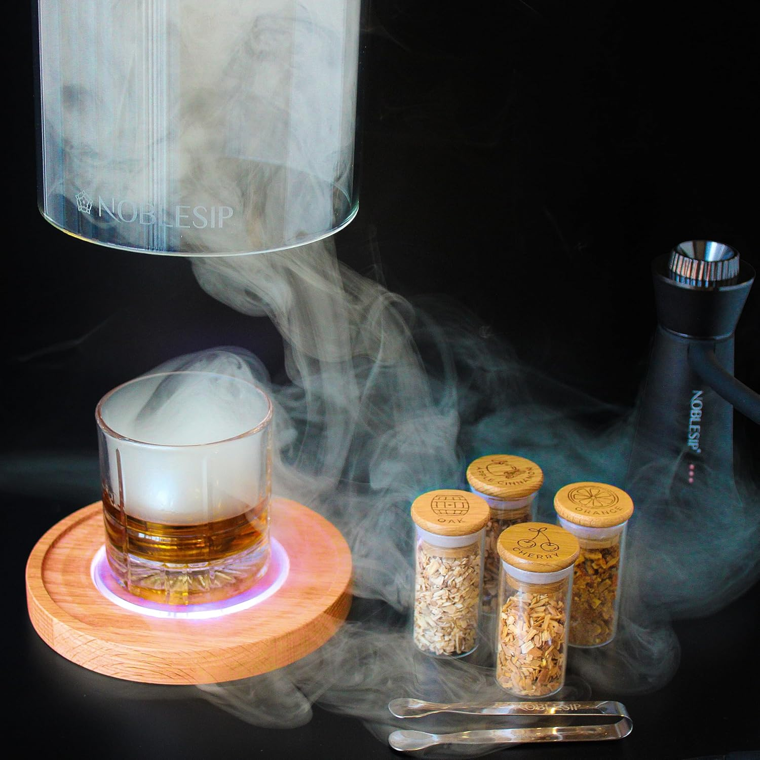 NOBLESIP Cocktail & Food Smoker Kit — Smoky Crown Glass Dome, LED Coaster & Wood Base, 4 Wood Chip Flavors