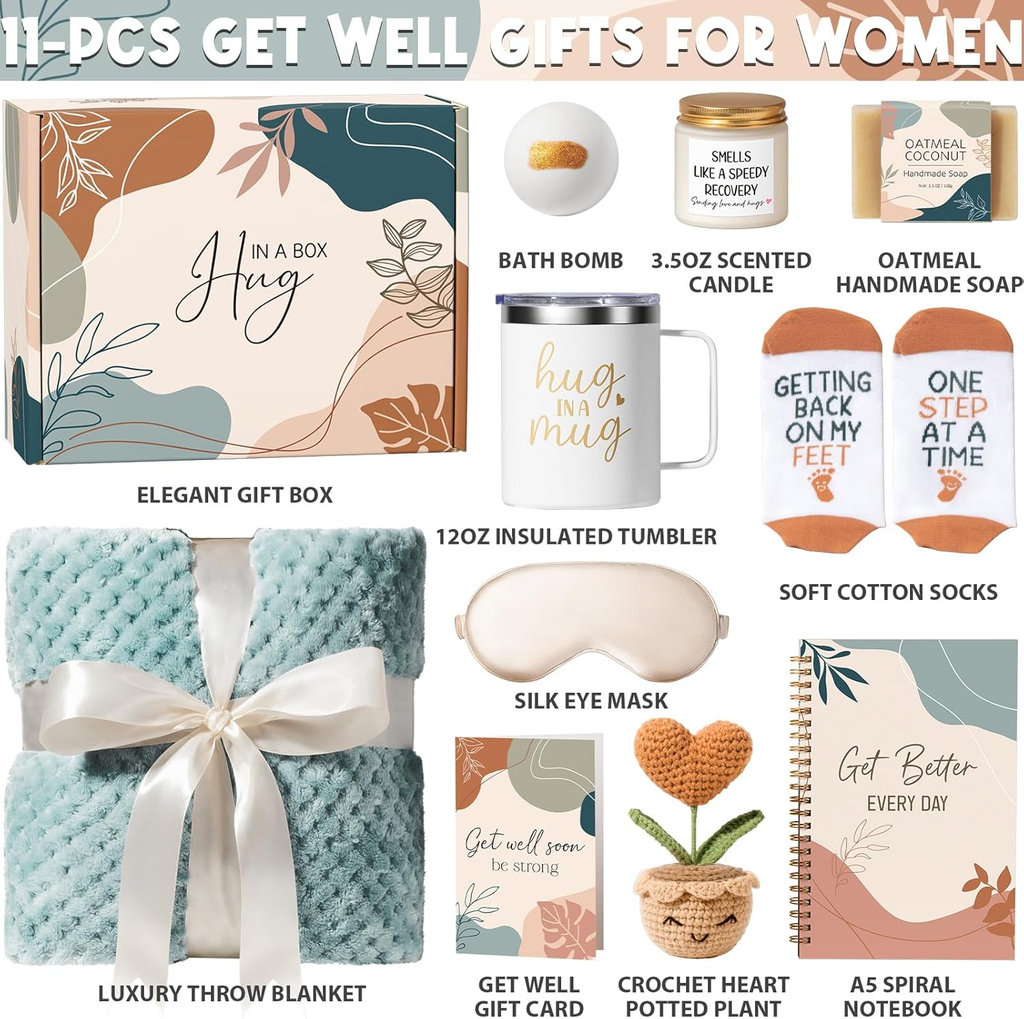 MAYICIVO Get Well Soon Gift Basket — 11-Pc Care Package for Women After Surgery & Recovery