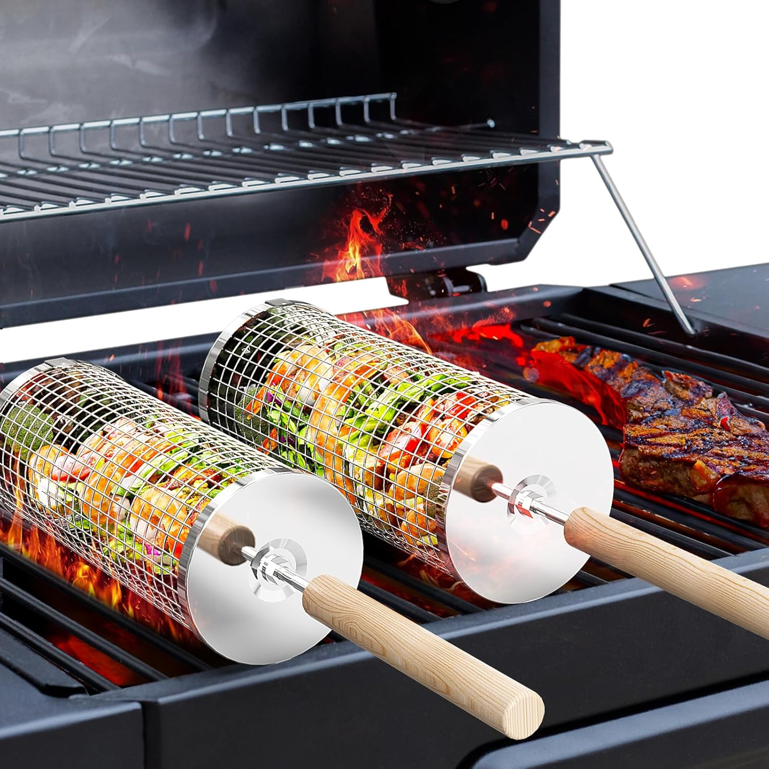 ivtivfu Rolling Grill Basket — 304 Stainless Steel BBQ Basket with Removable Wooden Handle