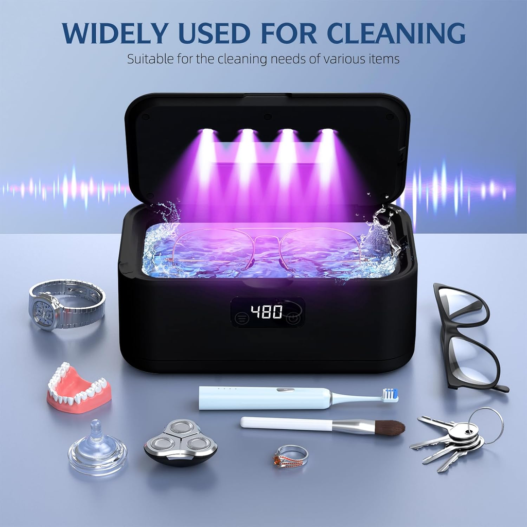 Ultrasonic Jewelry Cleaner Machine 50KHz — Professional Deep Cleaner with UV Light (Black)