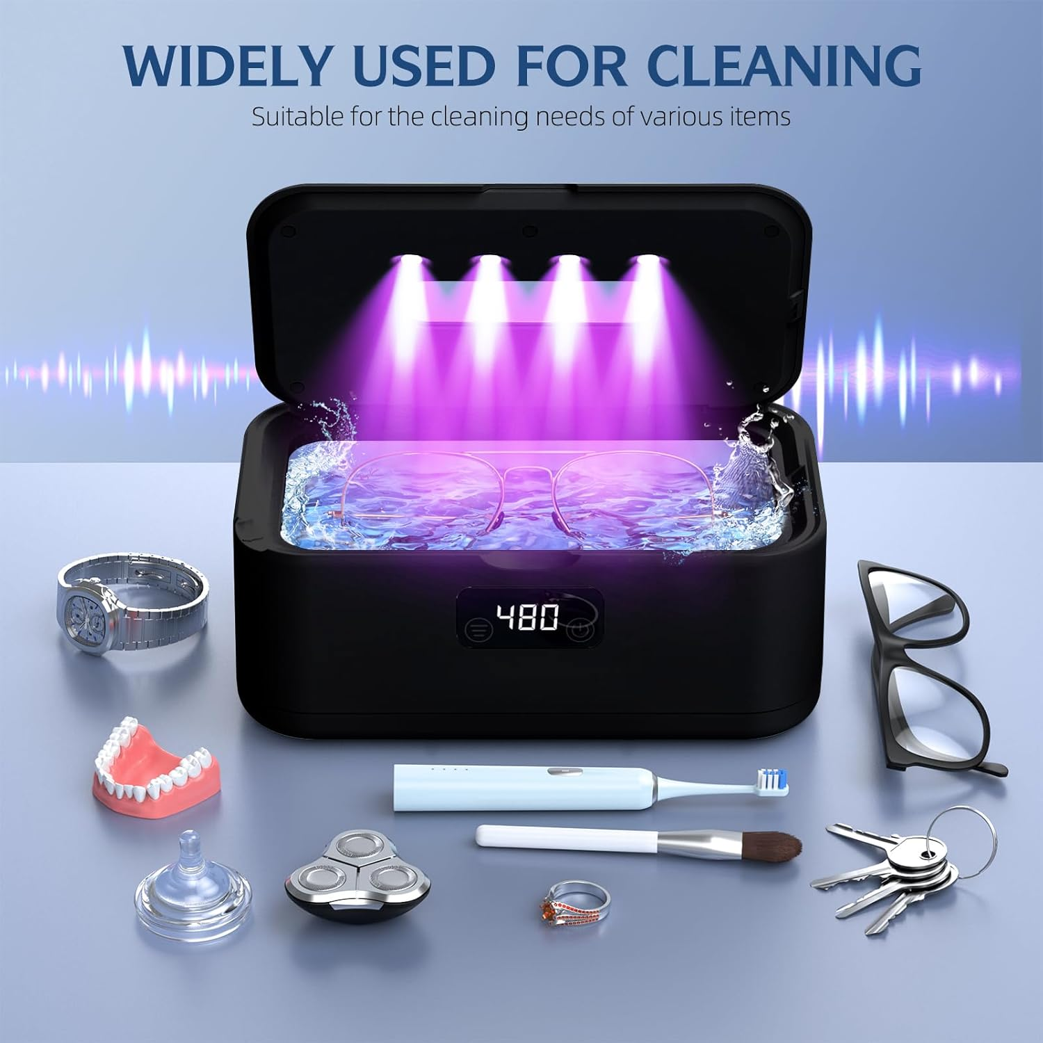 Ultrasonic Jewelry Cleaner Machine 50KHz — Professional Deep Cleaner with UV Light (Black)