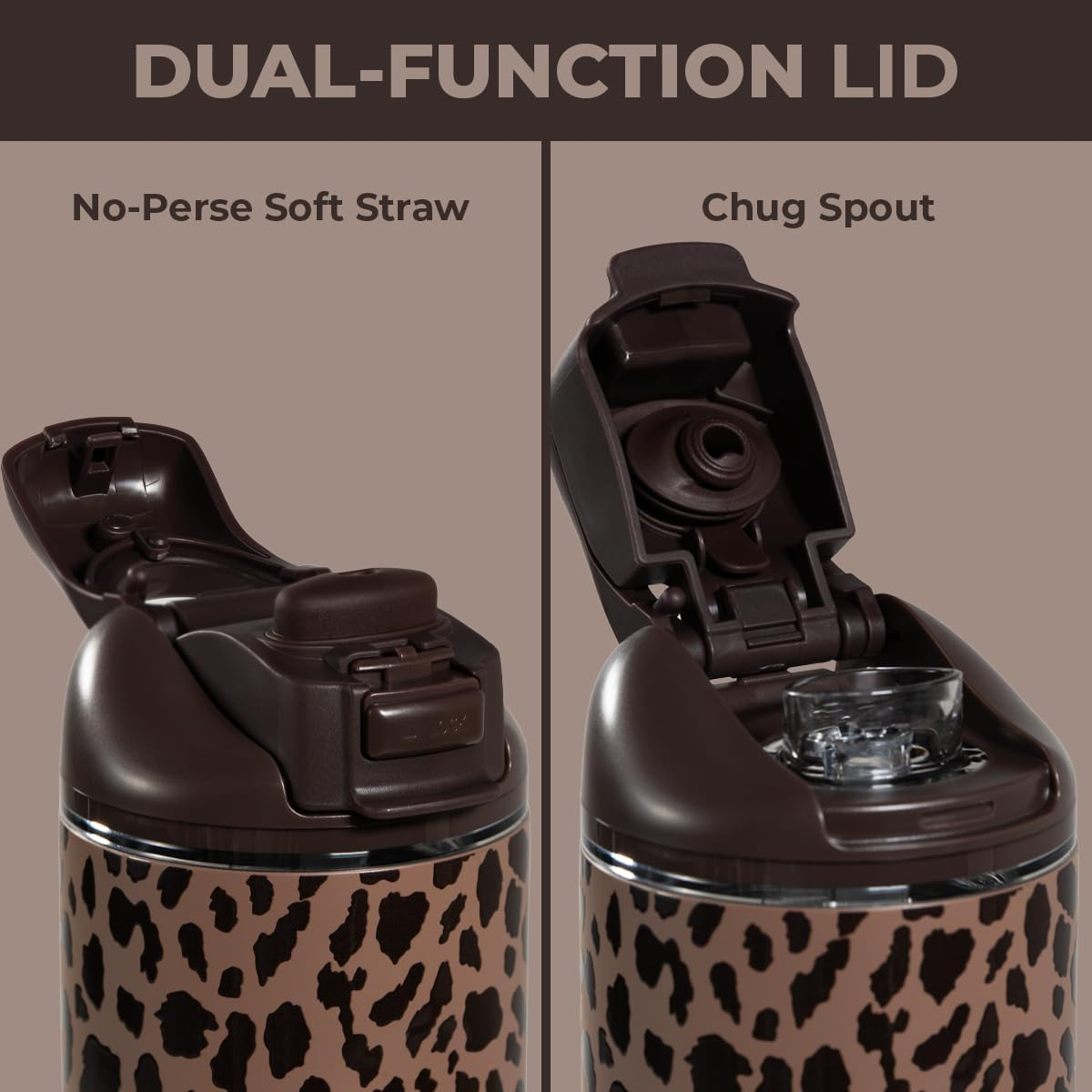 HydroJug Ease2o 32oz Water Bottle – Stainless Steel, Dual-Function Straw & Chug Lid, Brown Leopard