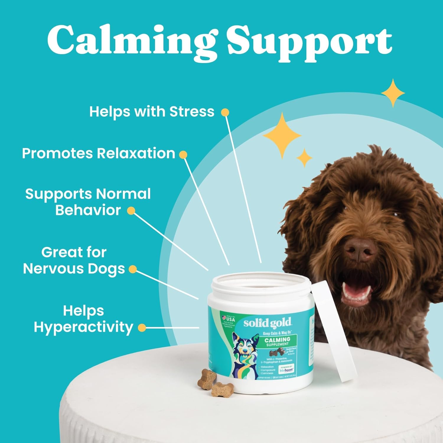 Solid Gold Calming Chews for Dogs - Melatonin Support for Stress & Anxiety Relief - Bacon Flavor 120ct