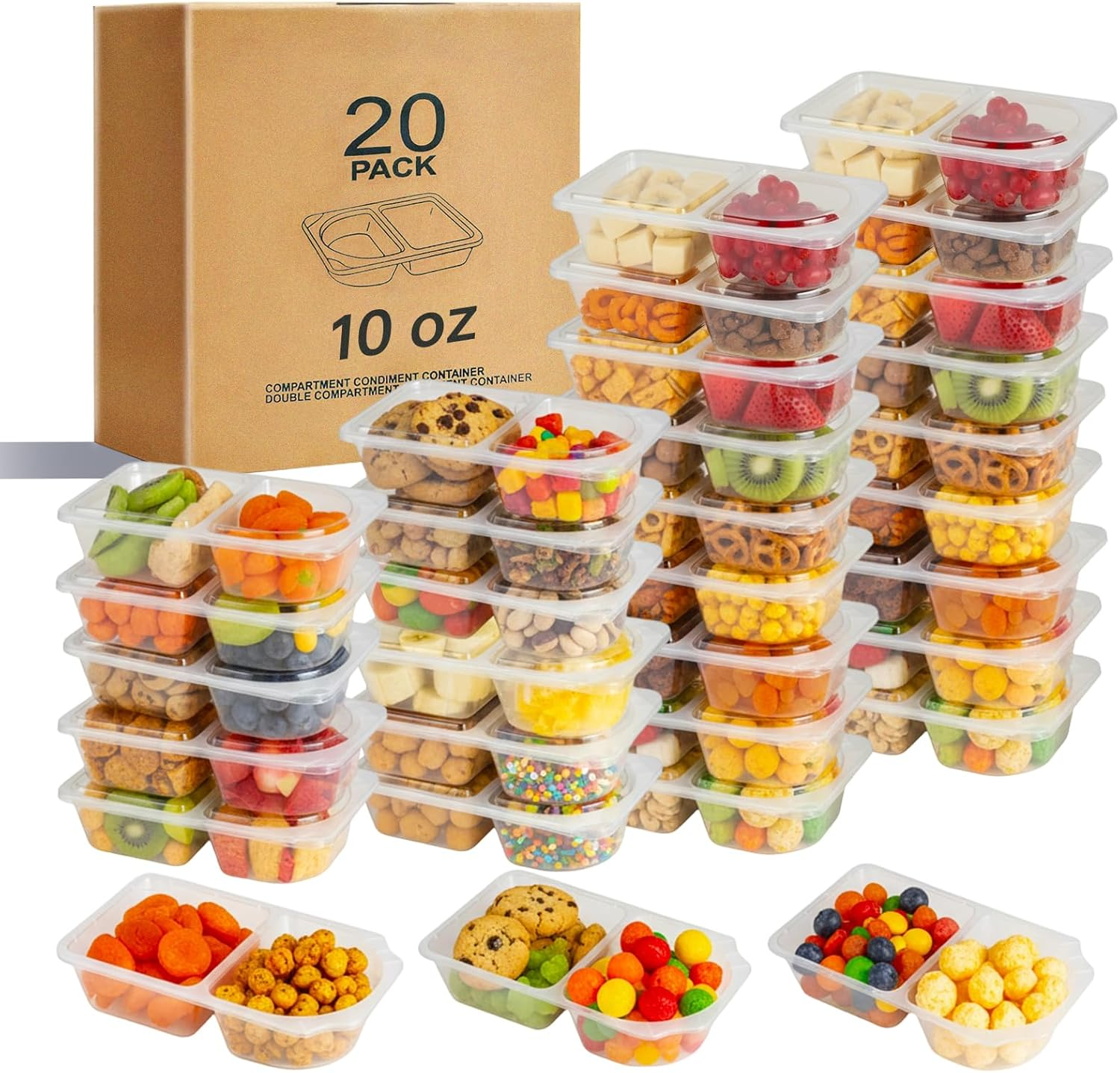 Pawbena 20-Pack Reusable Snack Containers with Lids – Double Compartment Meal Prep & Portion Control Containers for Travel