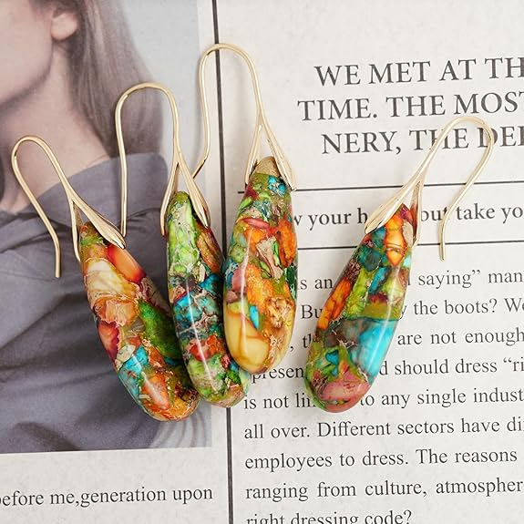 Sriomu Natural Healing Stone Teardrop Dangle Earrings — Gold Fish Hook, Statement Jewelry