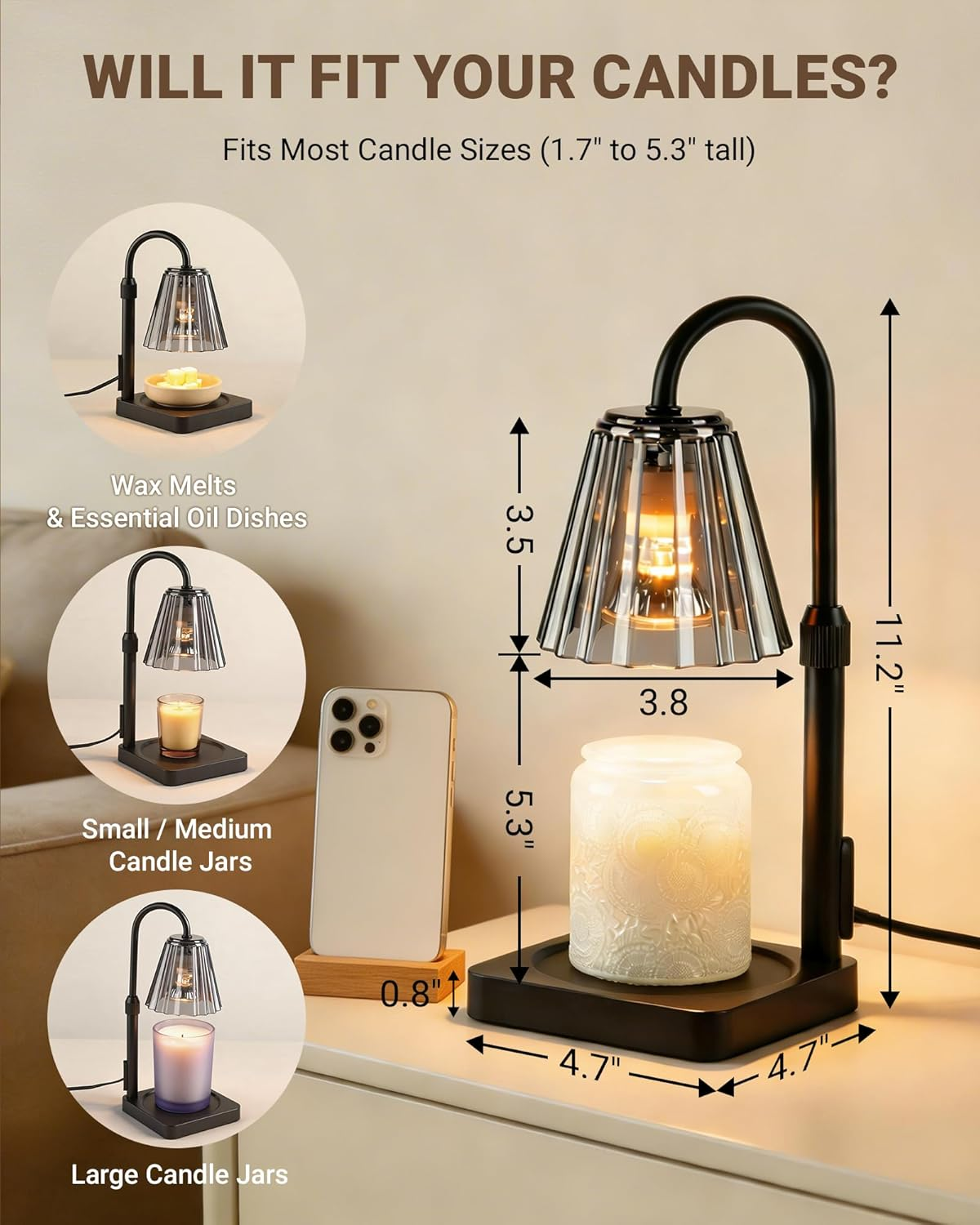 Fubink Candle Warmer Lamp with Timer & Dimmer — Shatterproof Shade, Adjustable Height, Modern Black