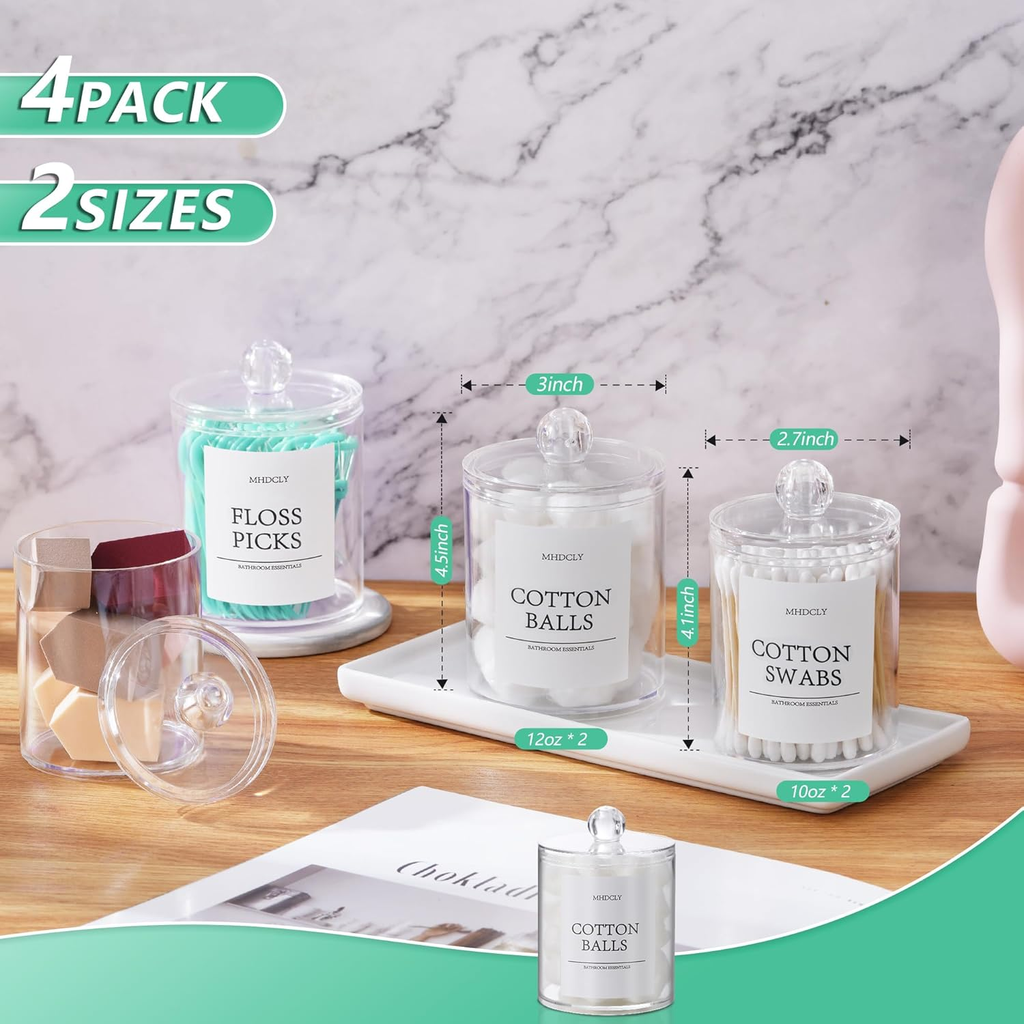 MHDCLY 4-Pack Qtip Dispenser Apothecary Jars – 2 Sizes, 12oz & 10oz