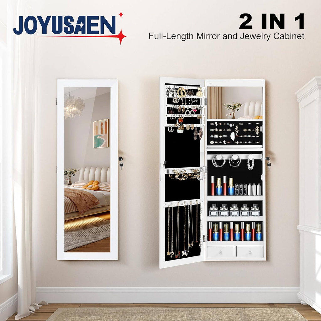 JOYUSAEN 2-in-1 Mirror Jewelry Cabinet — Wall/Door Mounted with LED Lights, White