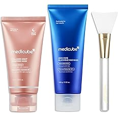 medicube Korean Viral Glass Skin Mask Duo: Collagen Overnight Mask & Zero Pore Blackhead Mud Mask + Jelly Brush