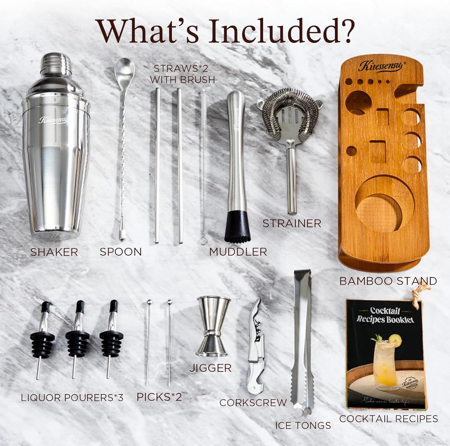 KITESSENSU Cocktail Shaker Set Bartender Kit with Bamboo Stand — 14-Piece Bar Tool Set