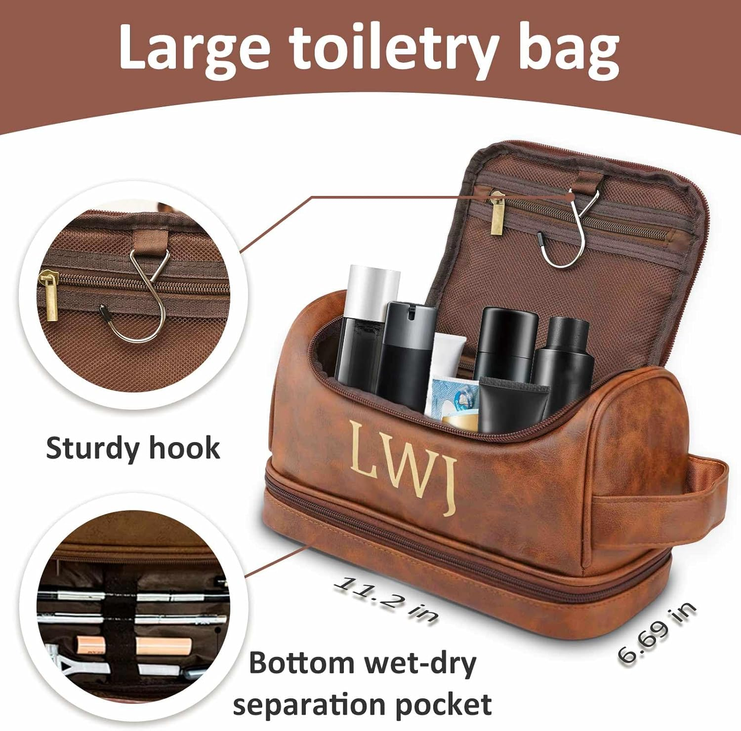 Sparklove Personalized Leather Toiletry Bag for Men — Custom Engraved Shaving & Travel Bag