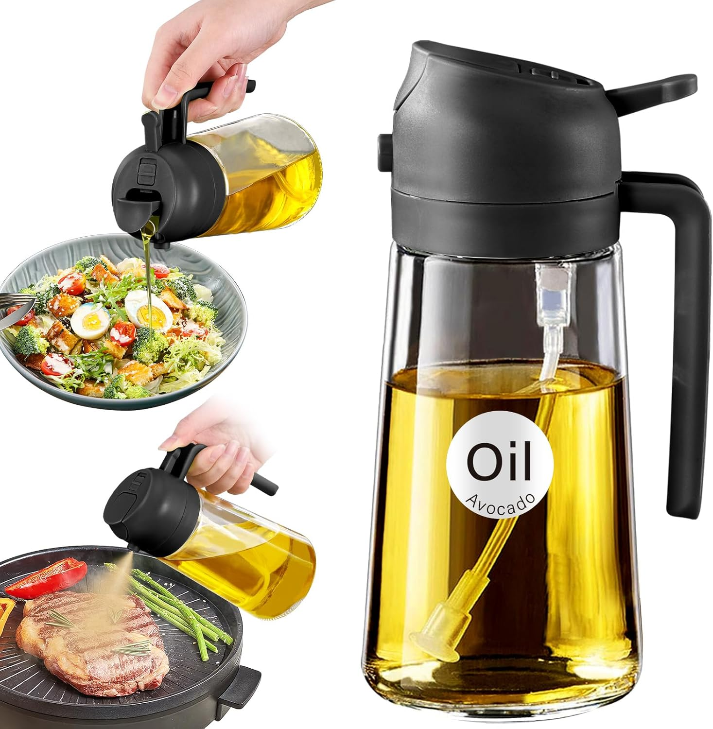 16oz Glass Olive Oil Sprayer for Cooking – 2-in-1 Oil Dispenser & Spray Bottle (Black)
