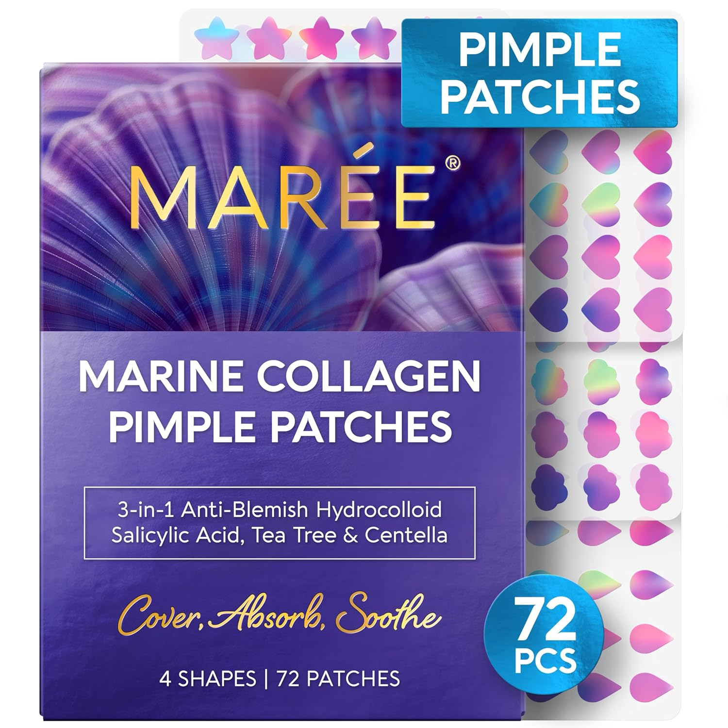 MAREE Marine Collagen Star Pimple Patches – Hydrocolloid Acne Patches with Salicylic Acid, Tea Tree & Centella, 72 Cute Star Shapes