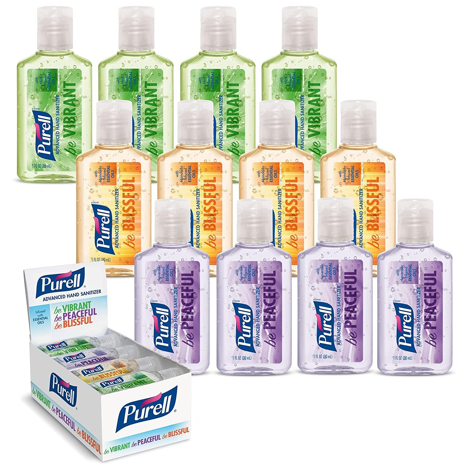 PURELL Advanced Hand Sanitizer Gel – Essential Oils Scented Variety Pack, 1 fl oz Travel Size Flip Cap Bottles, Box of 12